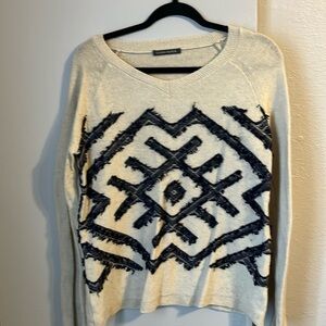 Claudia Nichole Tan Blue Merino Wool Cashmere Southwestern Crewneck Sweater L
